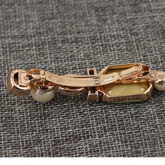 Tory Burch Crystal Hair Clip Barrette Green Gem Gold Tone Logo Hair Accessory